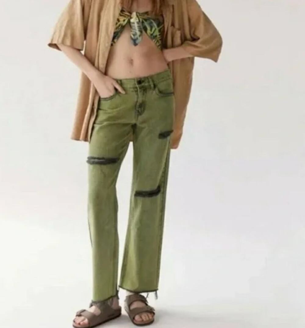 BDG Cowgirl Jean Green Acid Wash Distressed Wide Leg Jeans 25